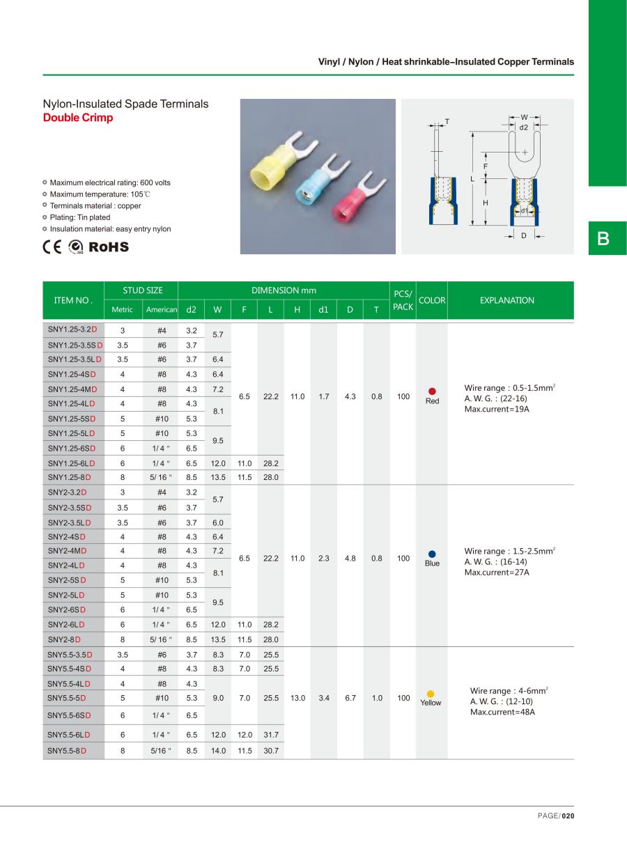 Nylon-Insulated Spade Terminals Double Crimp