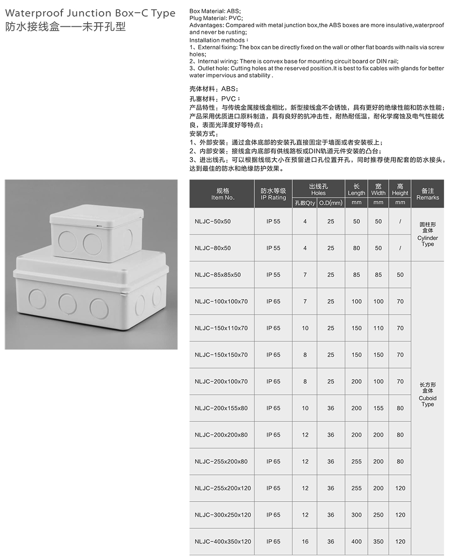 Waterproof junction box detail size