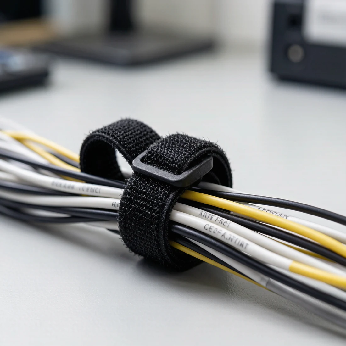 Reusable hook and loop cable tie softly bundling thin signal wires without crushing the insulation