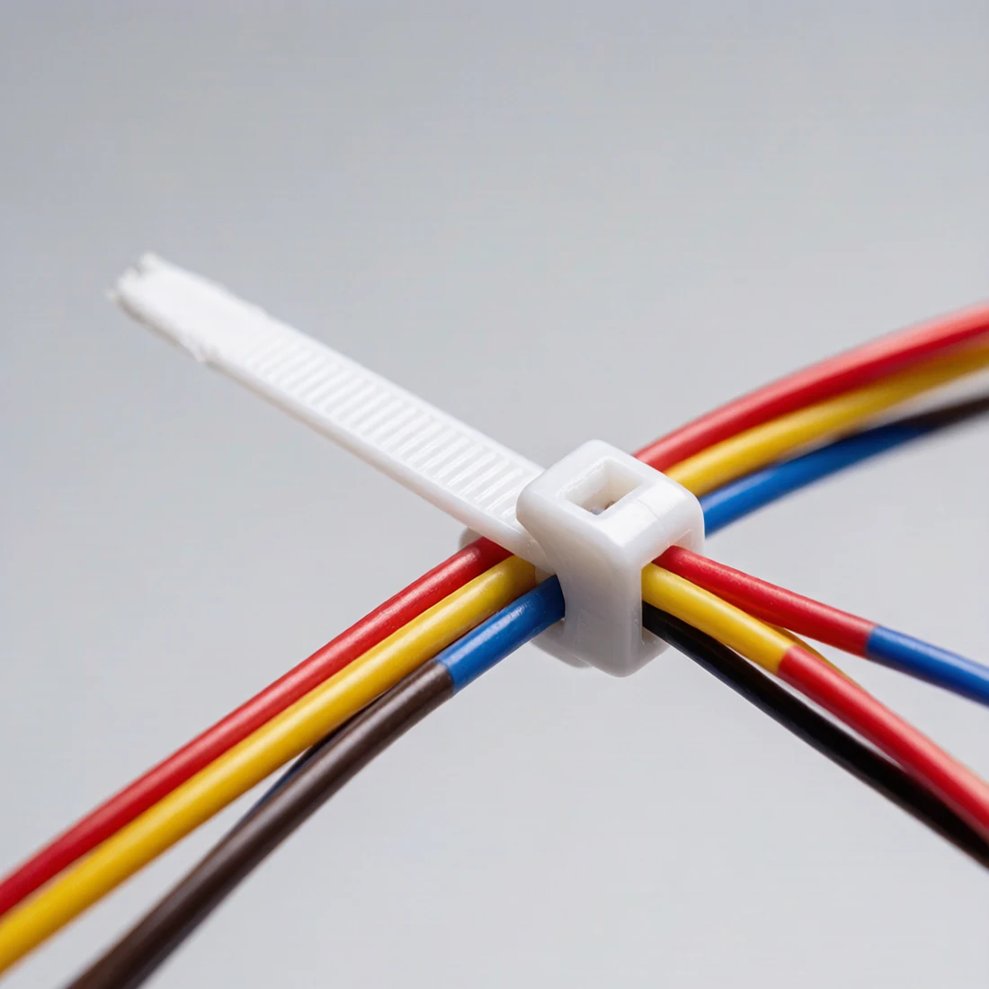 Thin colored PVC-insulated wires gently secured together with a single white nylon cable tie