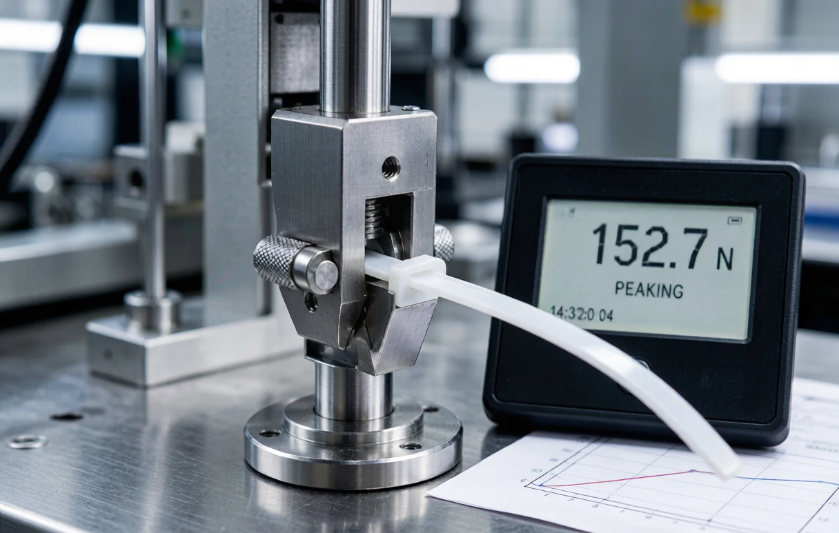 Tensile testing machine jaw gripping a nylon cable tie with a digital force display