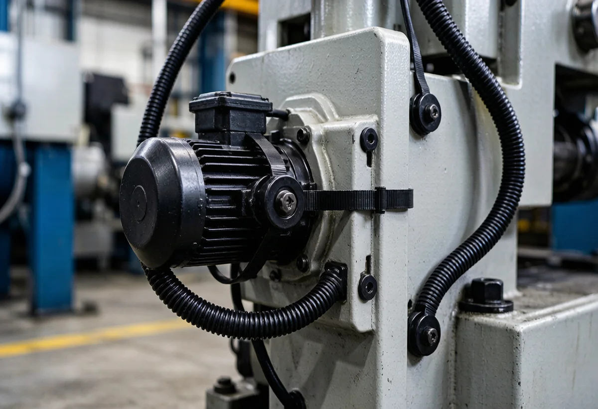 Heavy-duty cable ties and screw-mount bases managing cables on industrial machinery