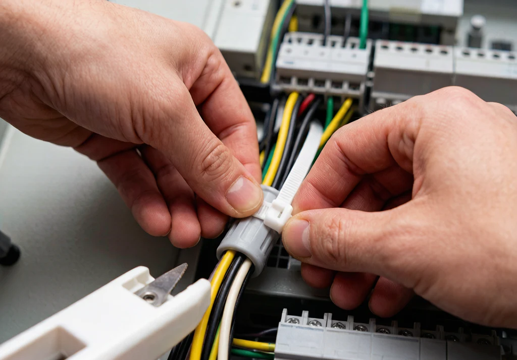 Technician correctly installing nylon cable tie with proper tension using flush-cutting tool on wire bundle in industrial panel
