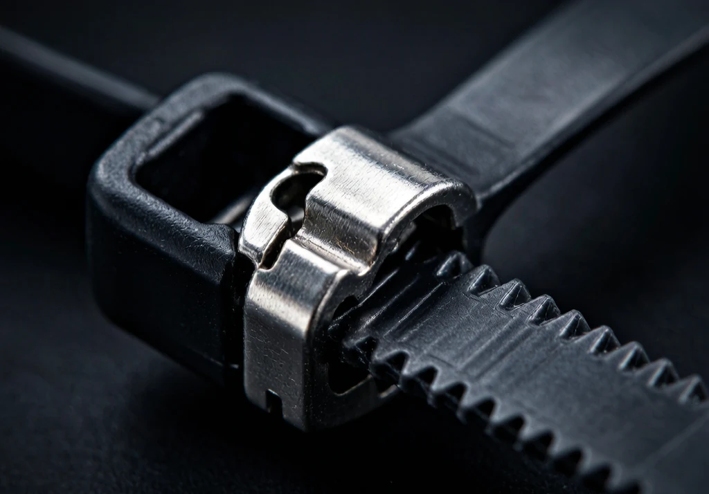 Close-up macro of nylon cable tie internal pawl and serrated teeth locking mechanism under tension showing stress concentration points