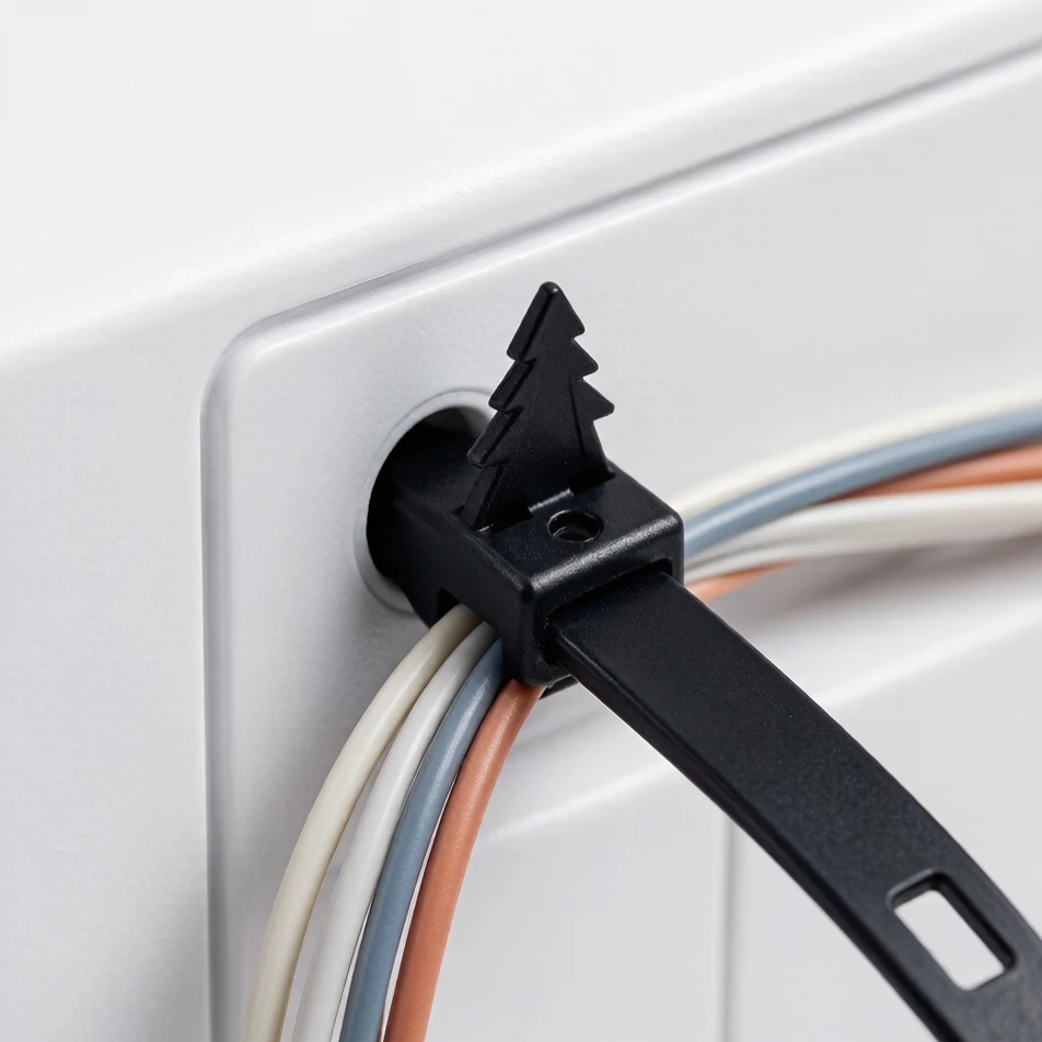Close-up of a black push mount cable tie with fir-tree head pushed into a panel hole securing colored wires