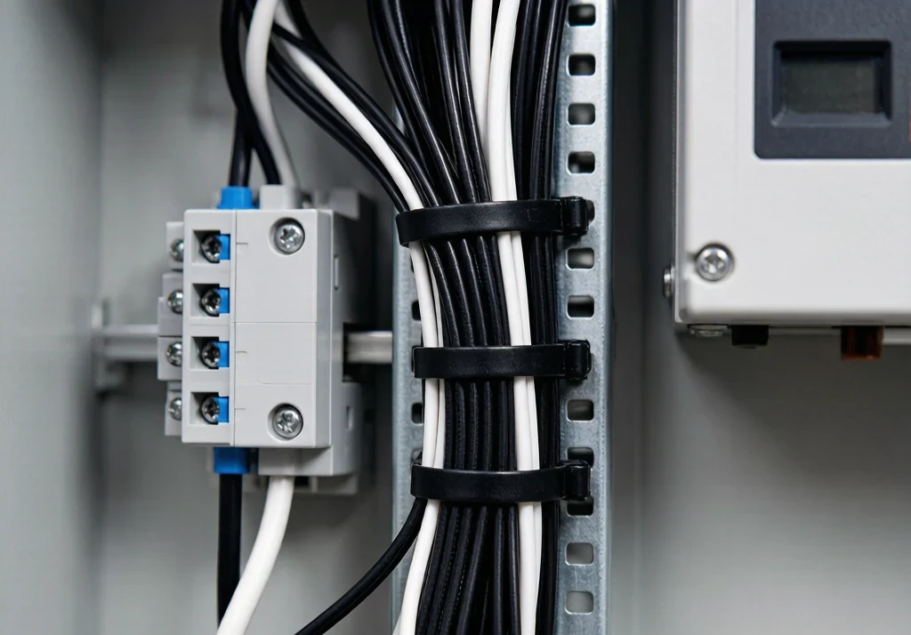 Cable ties organizing wires inside an HVAC control panel