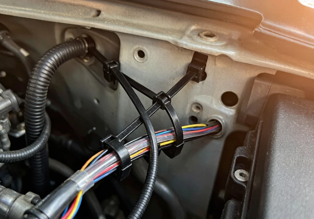 Heat-stabilized cable ties routing a cable harness in a car engine bay