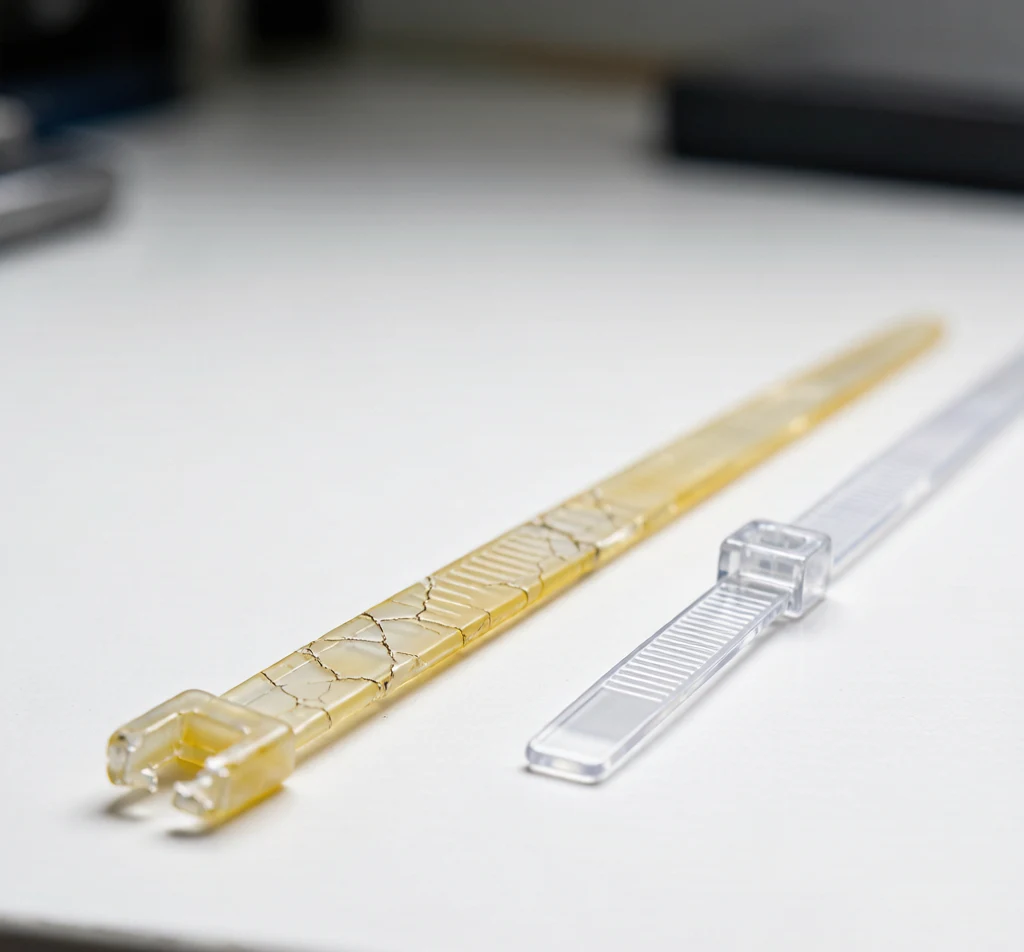 Yellowed cracked clear nylon cable tie compared with a new transparent zip tie on a workbench