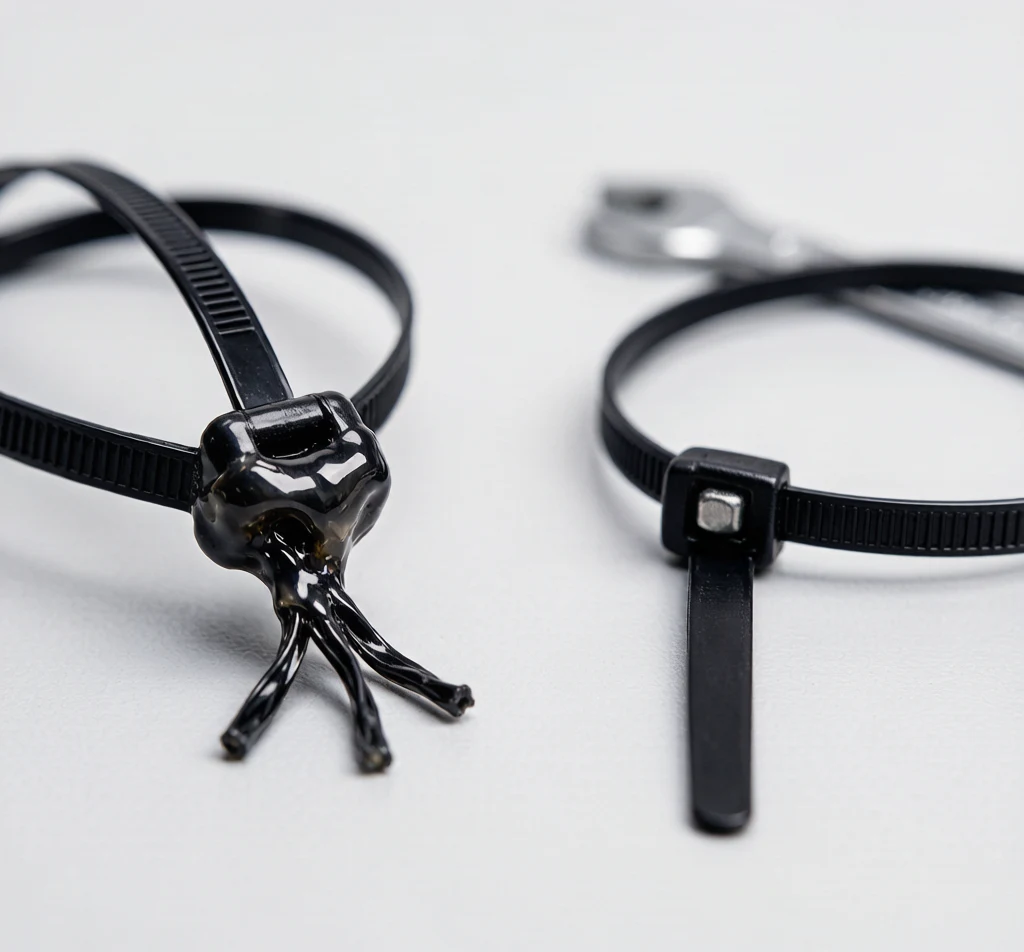 Melted deformed standard cable tie compared with an intact black heat-resistant cable tie on a workbench