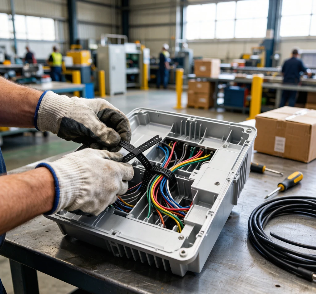 Technician installing black heat-resistant cable ties inside an industrial LED high-bay fixture