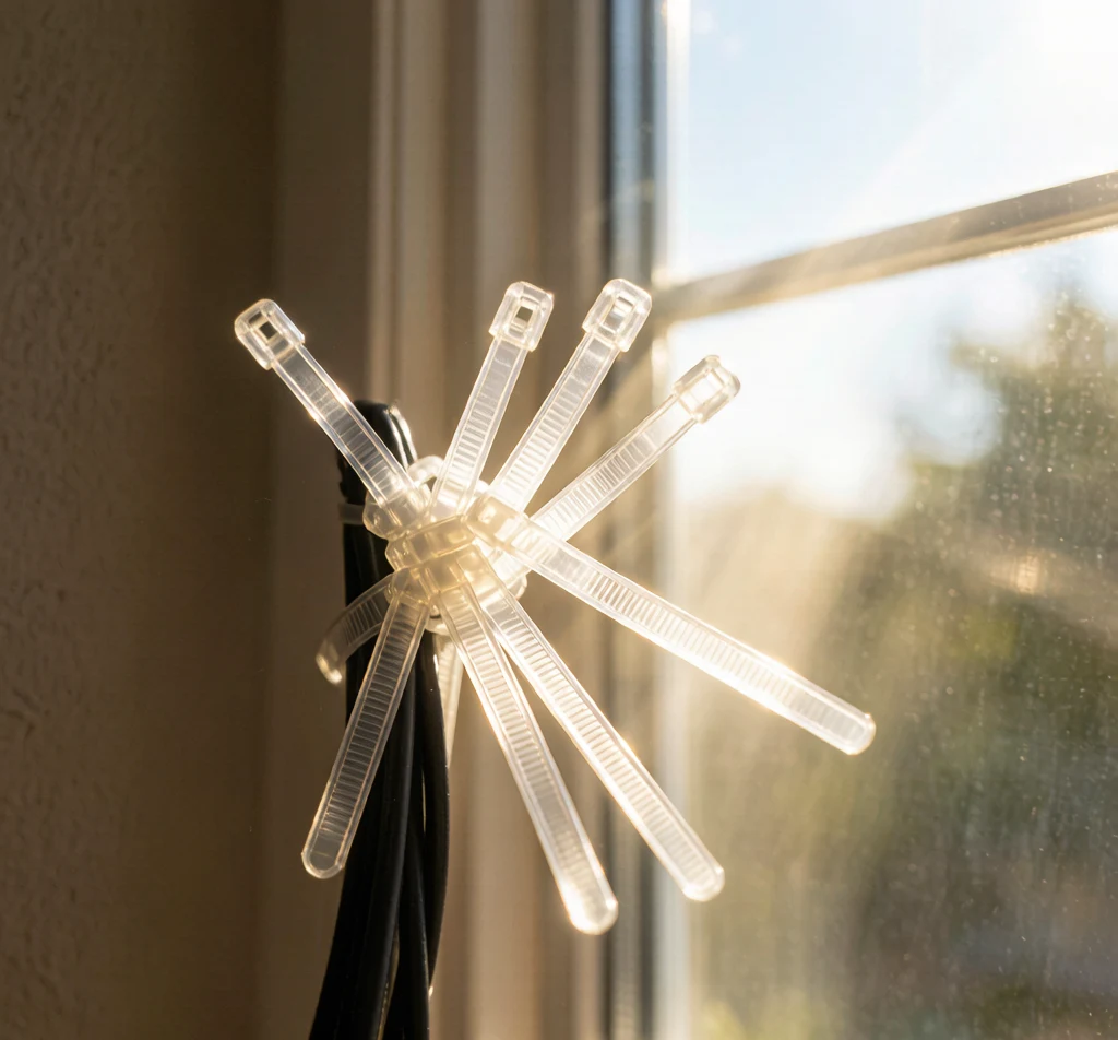 Clear plastic zip ties bundled near a sunny window showing indoor UV exposure source