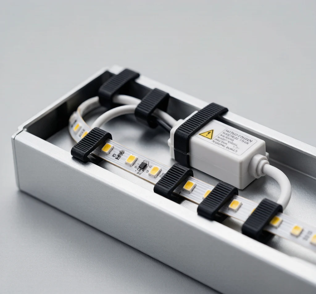 LED strip module and driver inside an aluminium housing secured with black heat-resistant cable ties