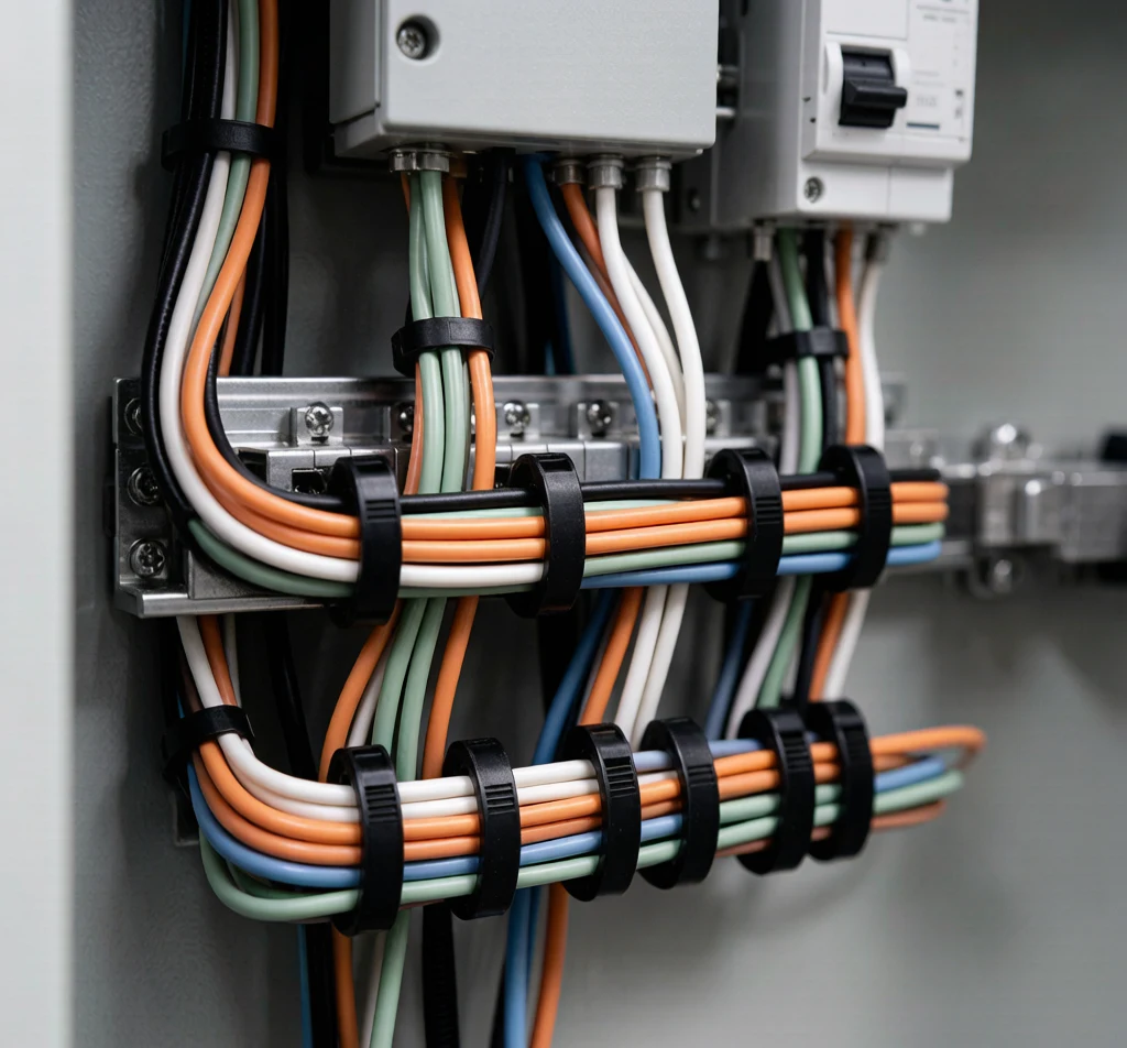 Black UV-stabilized nylon cable ties bundling wires inside an electrical control panel