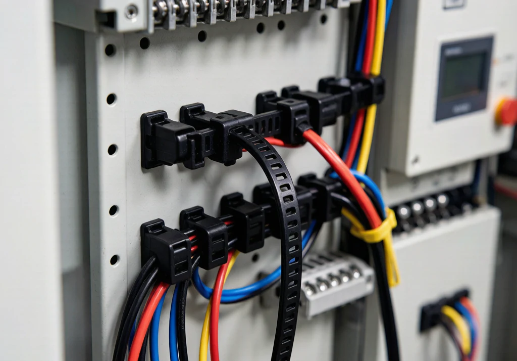 Push mount cable ties organizing wires inside an electrical control cabinet with fir-tree heads inserted into panel holes