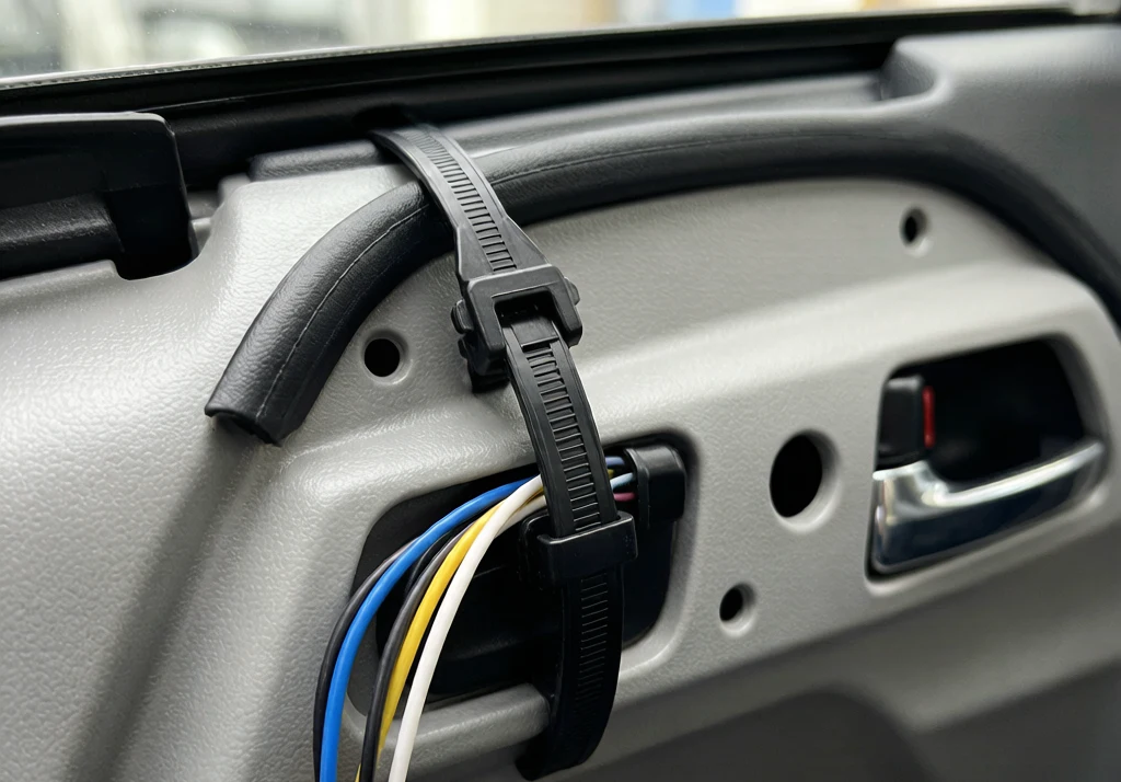 Push mount cable ties securing a wire harness inside a car door panel with arrowhead heads clipped into panel holes